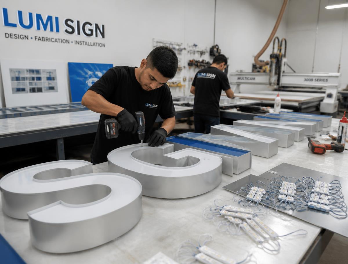 Fabricator assembling aluminium channel letters with LED modules on a workbench